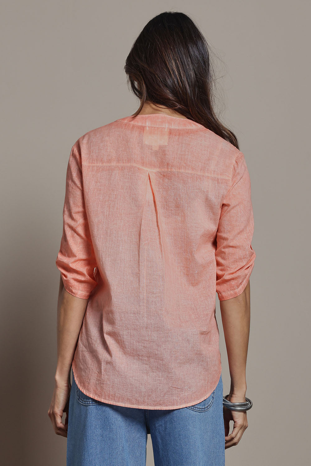 Model Amanda wearing size 10 of the Cool Ease Embroidered Cotton Shirt in colour Apricot, from the back