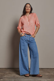 Model Amanda wearing size 10 of the Cool Ease Embroidered Cotton Shirt in colour Apricot, from the front, showing the whole outfit