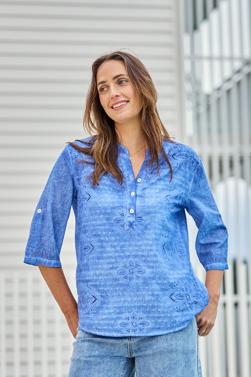 Model Tegand wearing size 10 of the Cool Ease Embroidered Cotton Shirt – Cornflower in colour Cornflower, in a cropped view