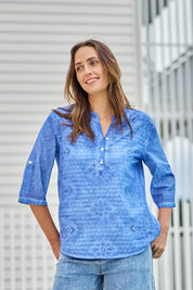 Model Tegand wearing size 10 of the Cool Ease Embroidered Cotton Shirt – Cornflower in colour Cornflower, in a cropped view