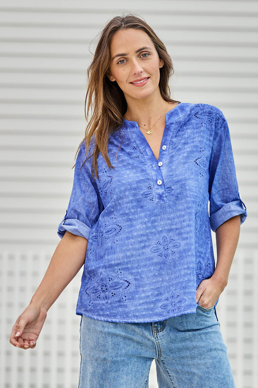 Model Tegand wearing size 10 of the Cool Ease Embroidered Cotton Shirt – Cornflower in colour Cornflower, in a cropped view