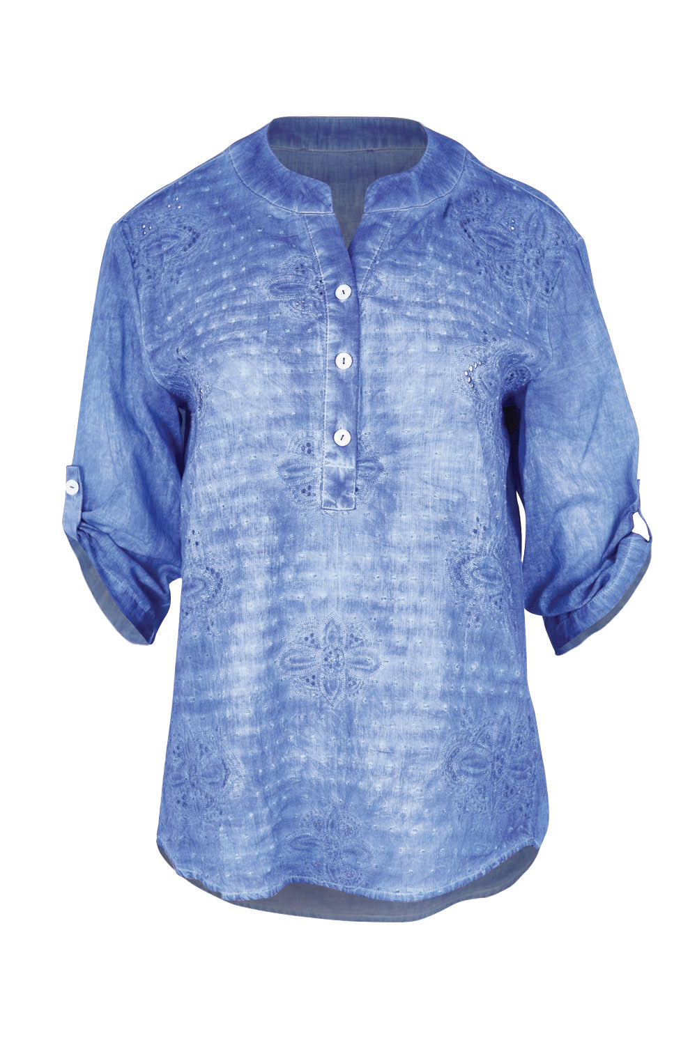 Product shot of the Cool Ease Embroidered Cotton Shirt – Cornflower in colour Cornflower, showing detail