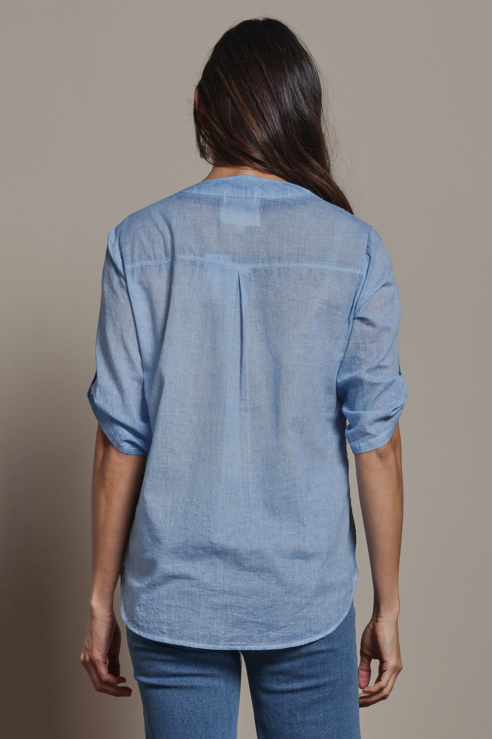 Model Amanda wearing size 10 of the Cool Ease Embroidered Cotton Shirt in colour Denim (Blue), from the back