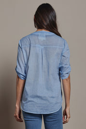 Model Amanda wearing size 10 of the Cool Ease Embroidered Cotton Shirt in colour Denim (Blue), from the back