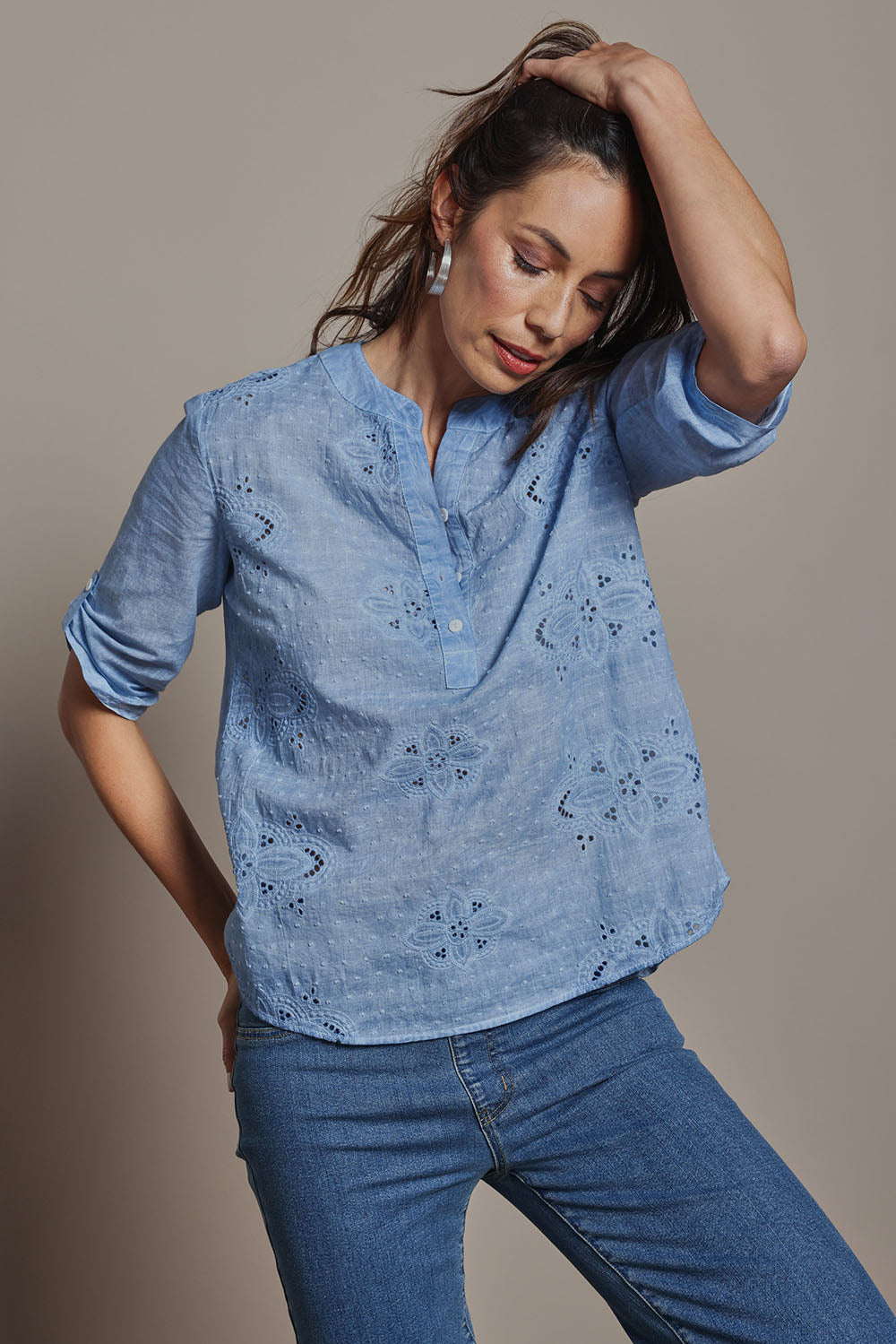 Model Amanda wearing size 10 of the Cool Ease Embroidered Cotton Shirt in colour Denim (Blue), from the front, cropped image