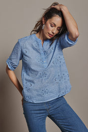 Model Amanda wearing size 10 of the Cool Ease Embroidered Cotton Shirt in colour Denim (Blue), from the front, cropped image