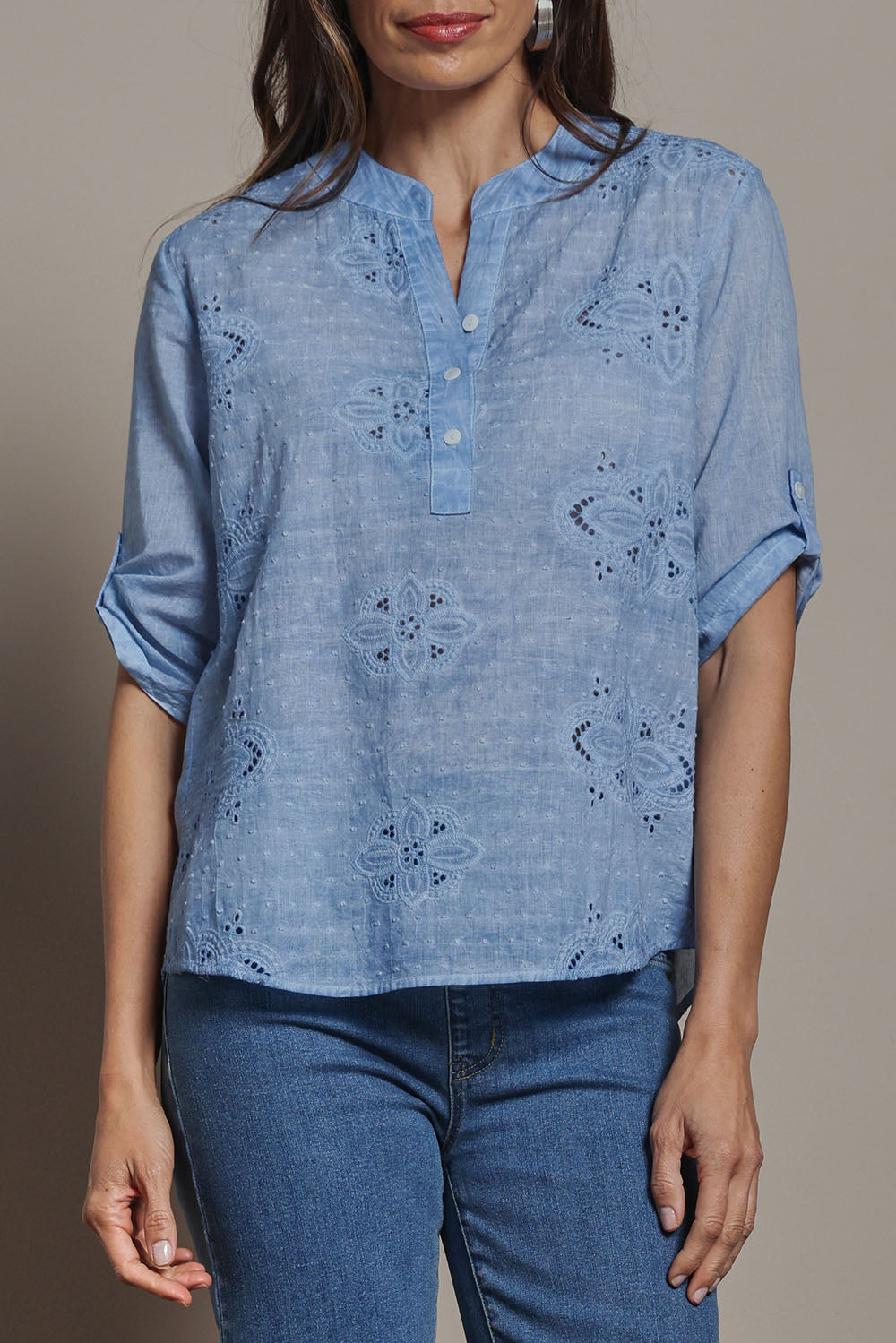 Model Amanda wearing size 10 of the Cool Ease Embroidered Cotton Shirt in colour Denim (Blue), from the front, cropped image