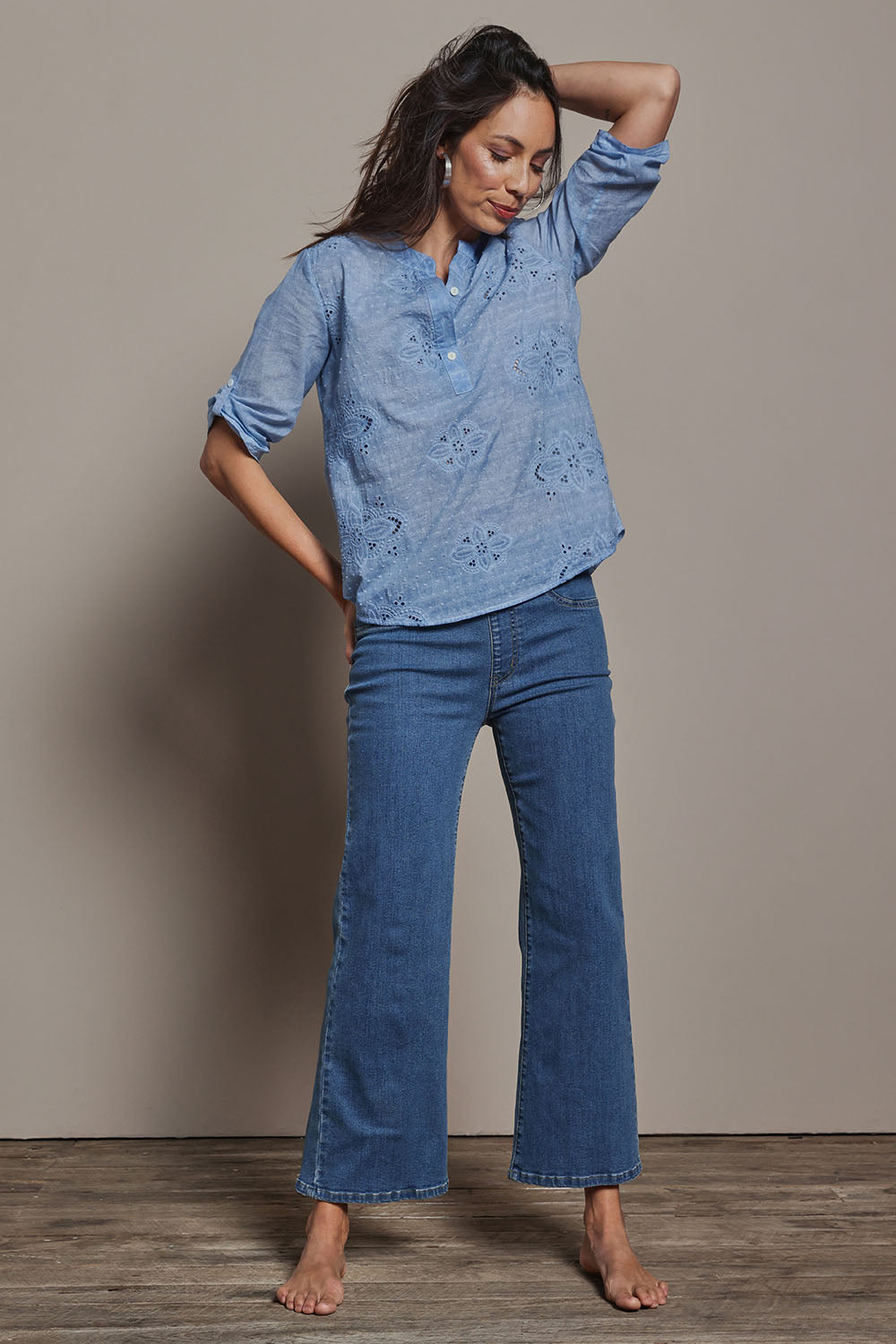 Model Amanda wearing size 10 of the Cool Ease Embroidered Cotton Shirt in colour Denim (Blue), from the front, showing the whole outfit