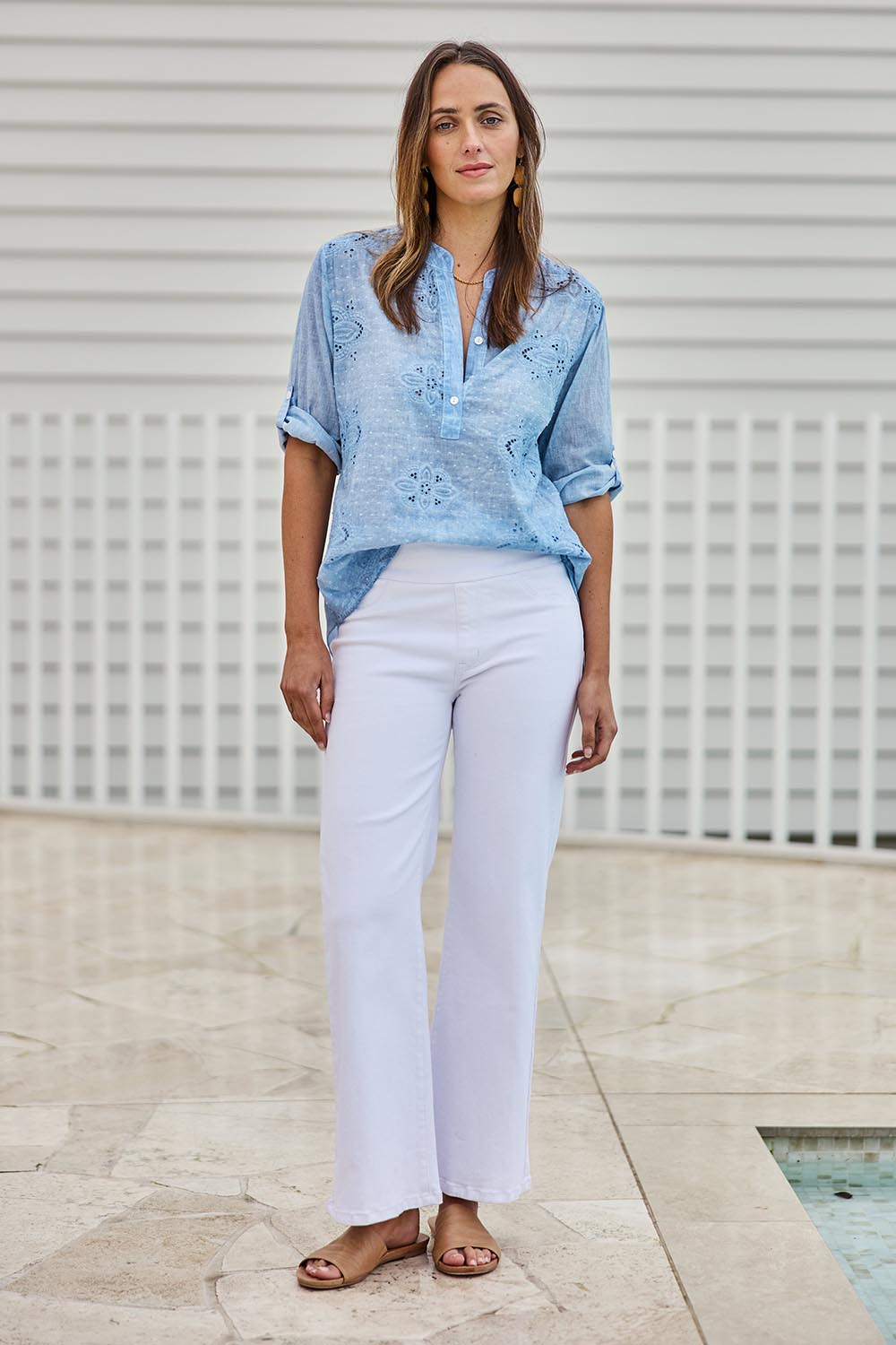 Model Tegand wearing size 10 of the Cool Ease Embroidered Cotton Shirt – Denim in colour Denim, from the front