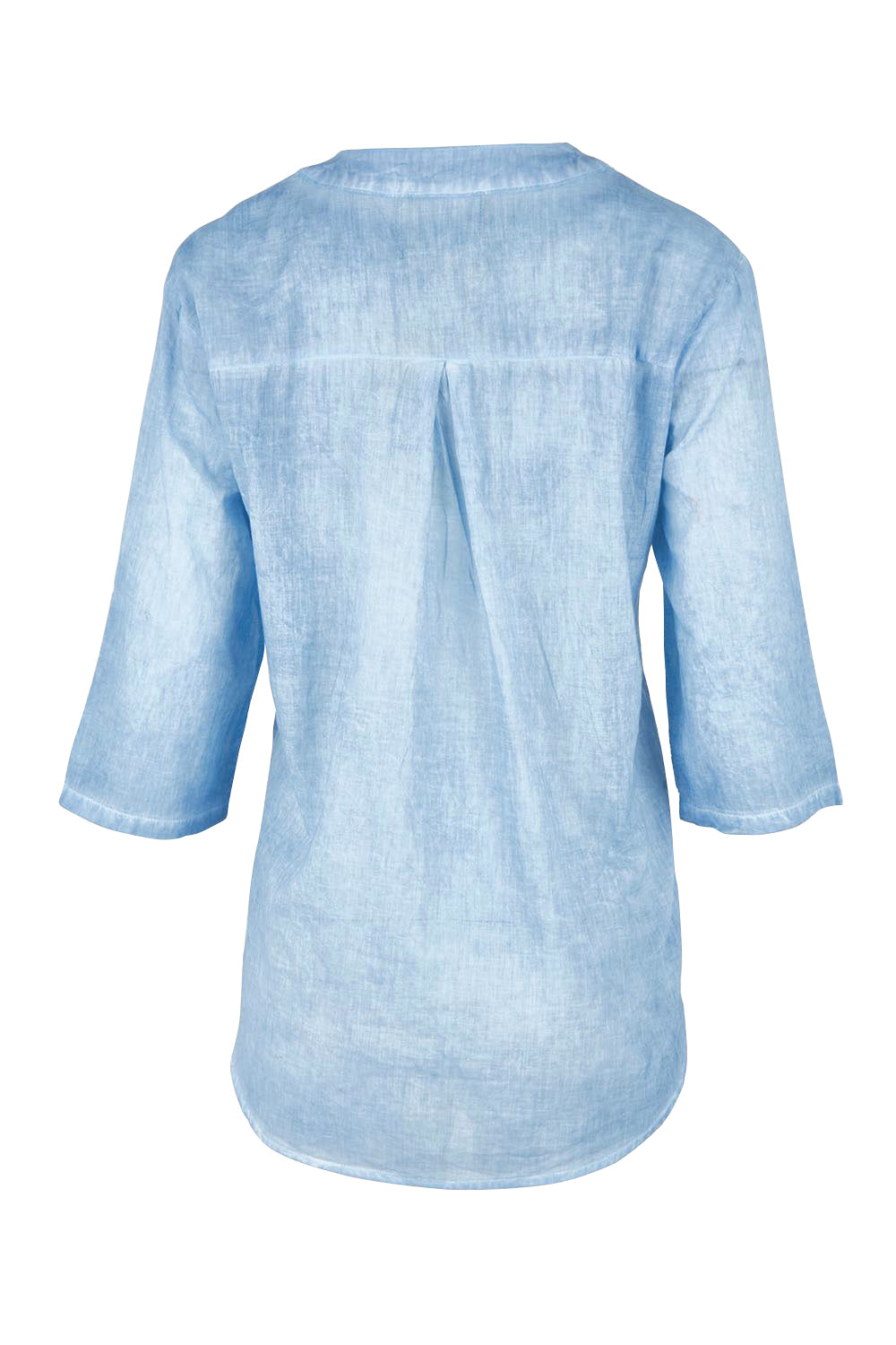 Product shot of the Cool Ease Embroidered Cotton Shirt – Denim in colour Denim, from the back