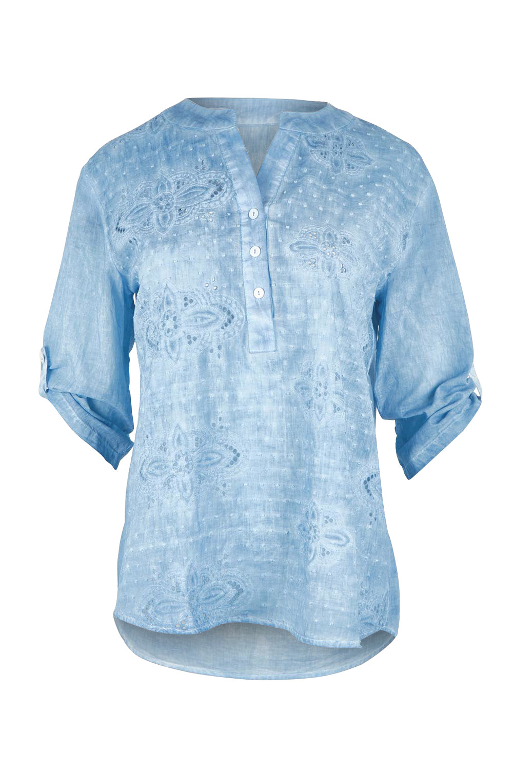 Product shot of the Cool Ease Embroidered Cotton Shirt – Denim in colour Denim, showing detail