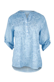 Product shot of the Cool Ease Embroidered Cotton Shirt – Denim in colour Denim, showing detail