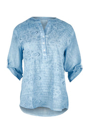 Product shot of the Cool Ease Embroidered Cotton Shirt in colour Denim (Blue), detail