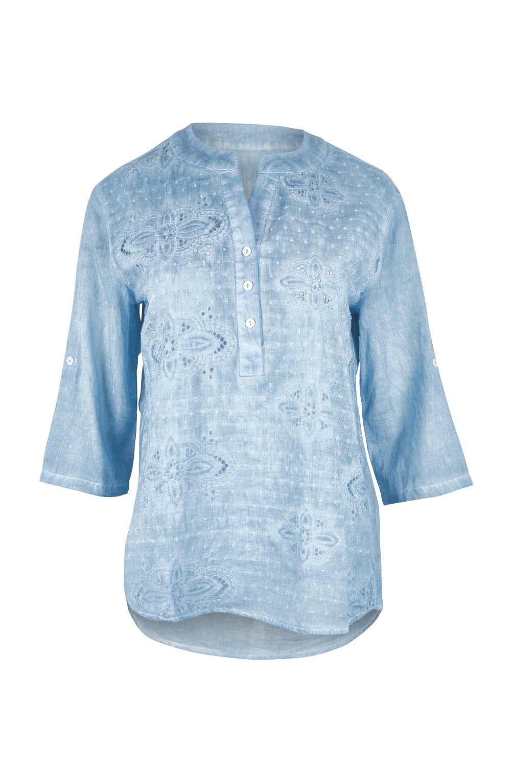 Product shot of the Cool Ease Embroidered Cotton Shirt – Denim in colour Denim, from the front