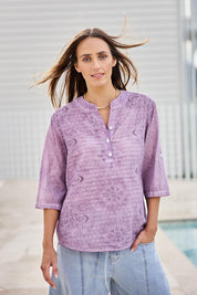 Model Tegand wearing size 10 of the Cool Ease Embroidered Cotton Shirt – Grape in colour Grape, in a cropped view
