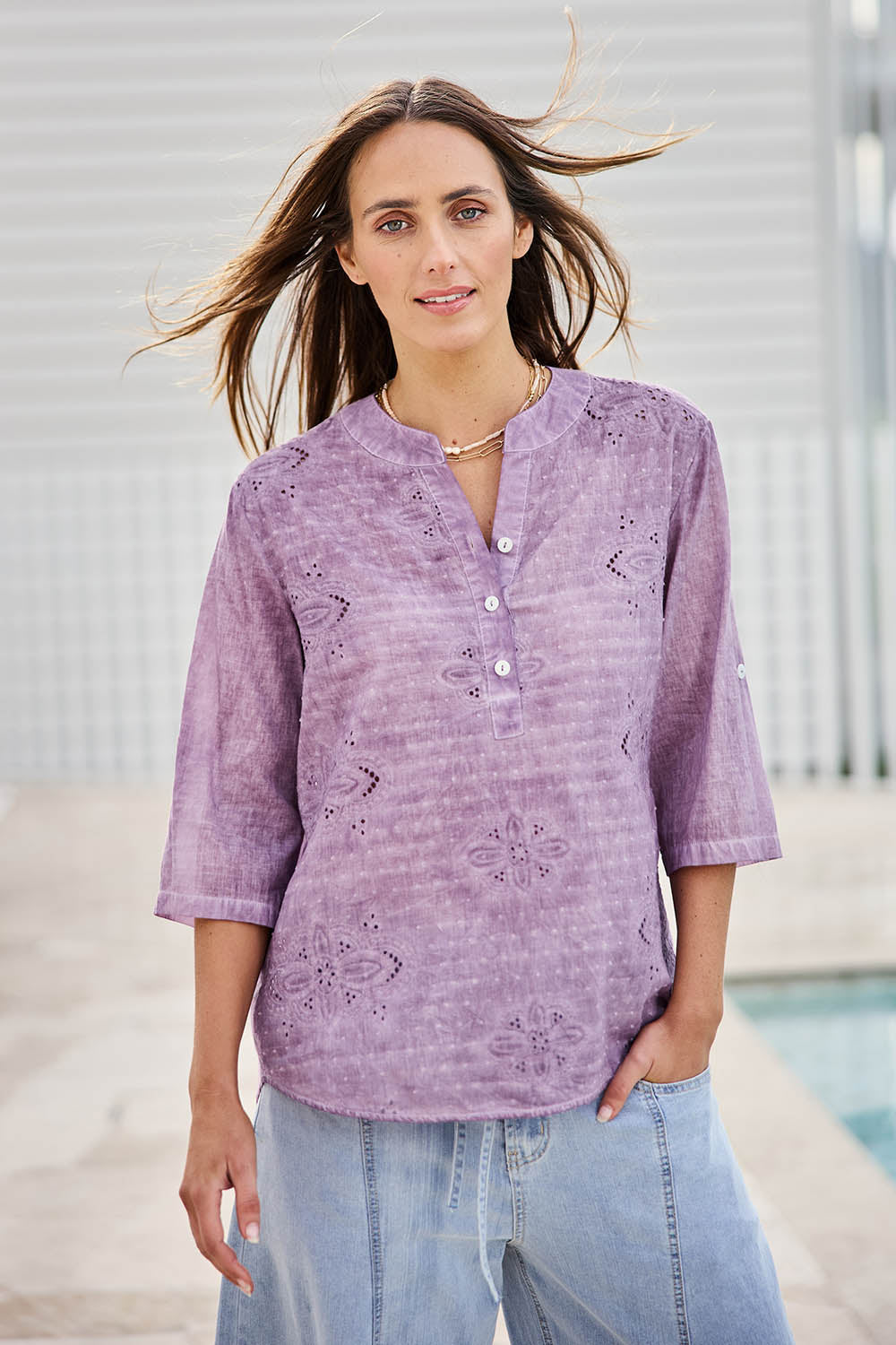 Model Tegand wearing size 10 of the Cool Ease Embroidered Cotton Shirt – Grape in colour Grape, in a cropped view