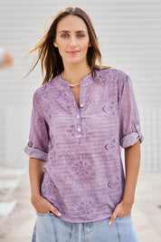 Model Tegand wearing size 10 of the Cool Ease Embroidered Cotton Shirt – Grape in colour Grape, in a cropped view