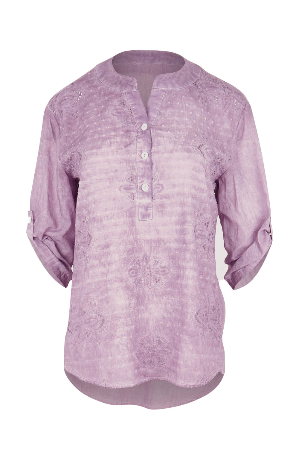 Product shot of the Cool Ease Embroidered Cotton Shirt – Grape in colour Grape, showing detail