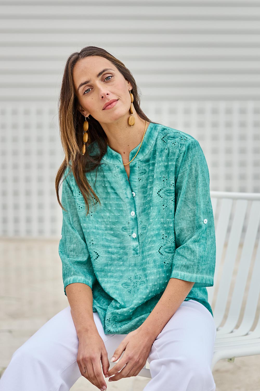Model Tegand wearing size 10 of the Cool Ease Embroidered Cotton Shirt – Lagoon in colour Lagoon, from an angle