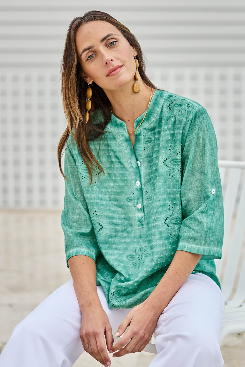 Model Tegand wearing size 10 of the Cool Ease Embroidered Cotton Shirt – Lagoon in colour Lagoon, in a cropped view