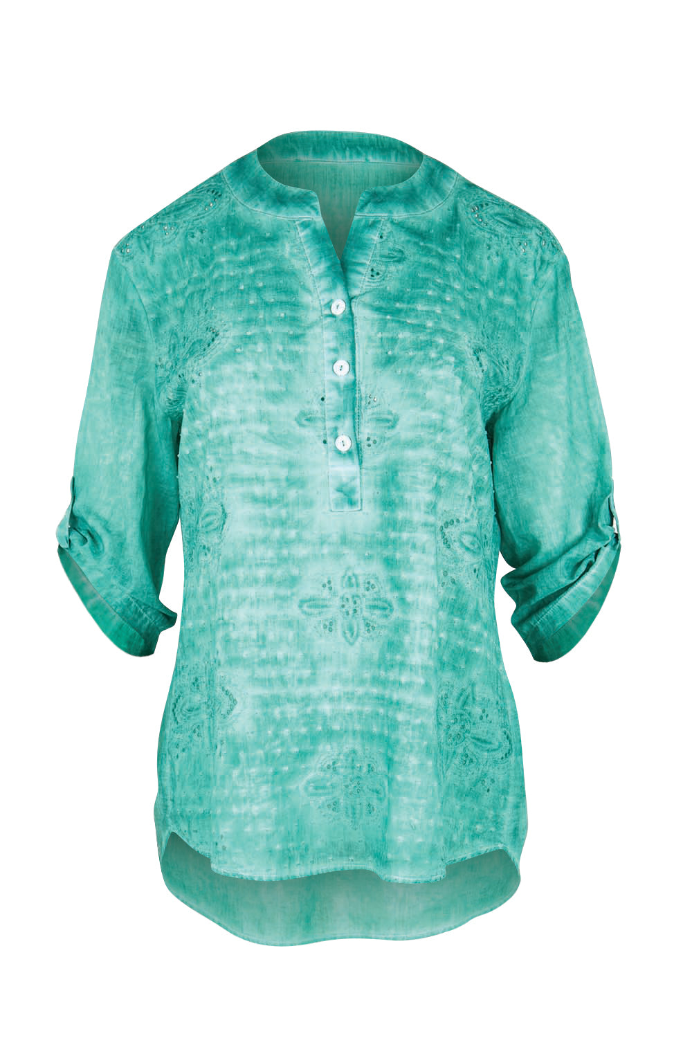 Product shot of the Cool Ease Embroidered Cotton Shirt – Lagoon in colour Lagoon, showing detail