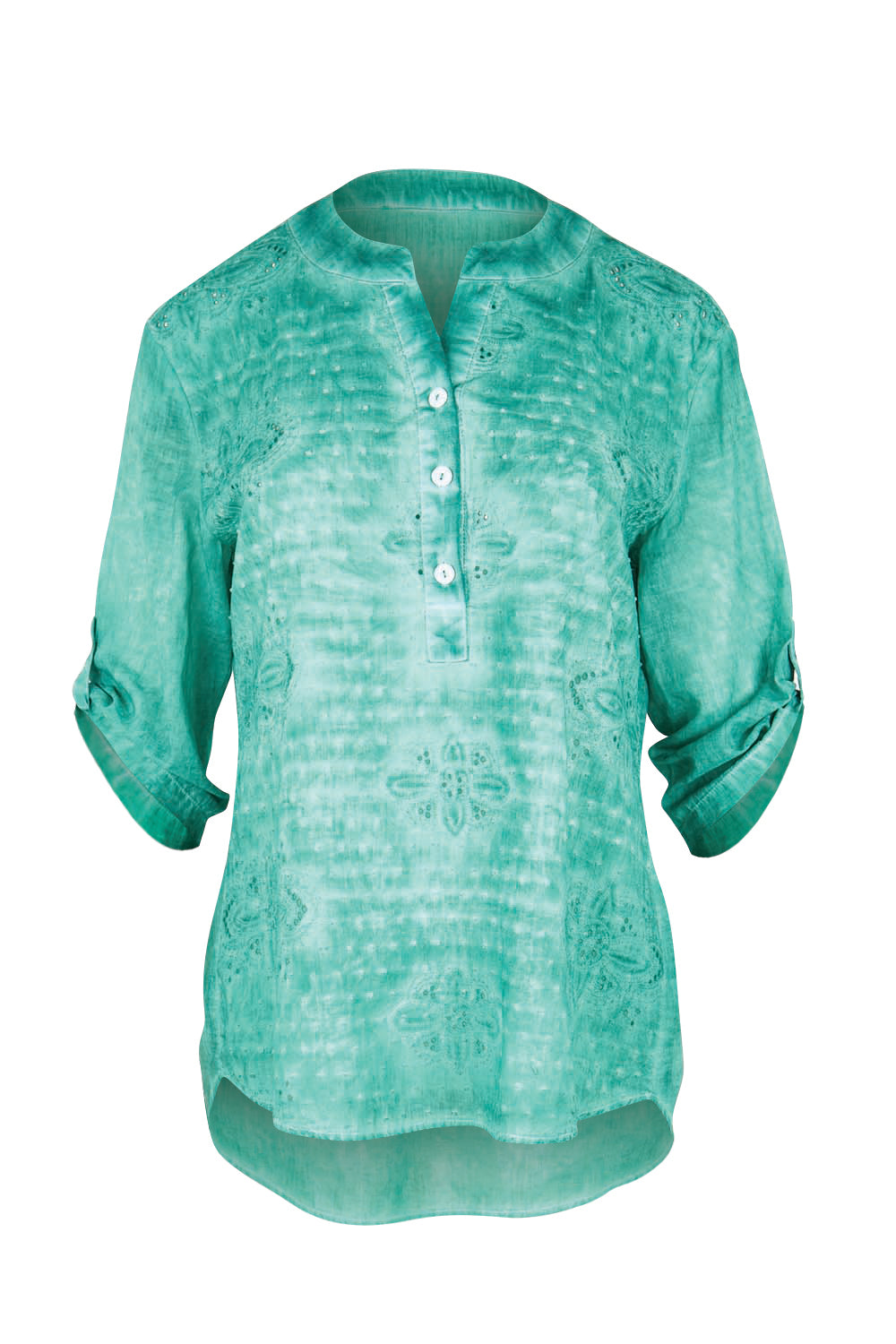 Product shot of the Cool Ease Embroidered Cotton Shirt – Lagoon in colour Lagoon, showing detail