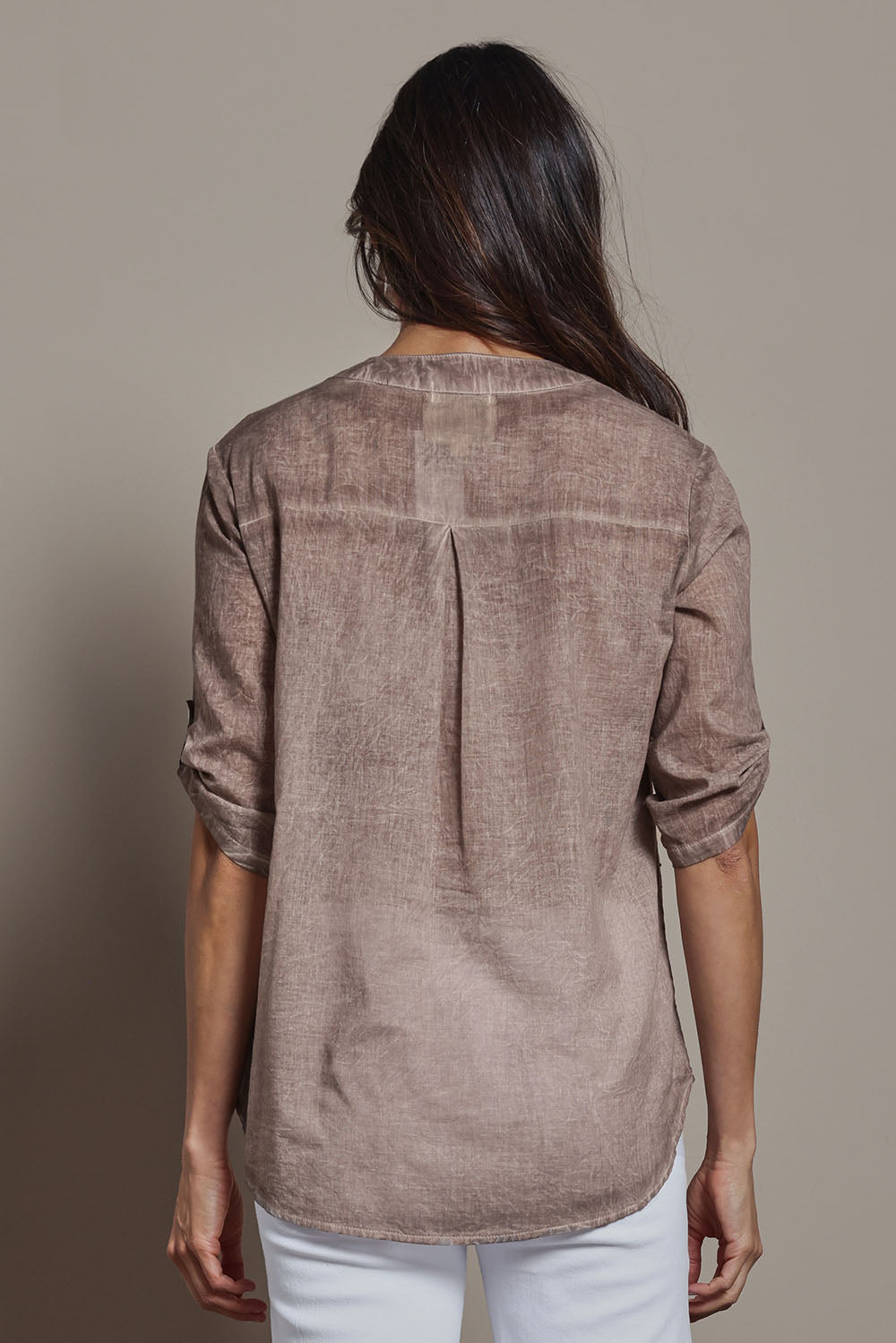 Model Amanda wearing size 10 of the Cool Ease Embroidered Cotton Shirt in colour Latte, from the back