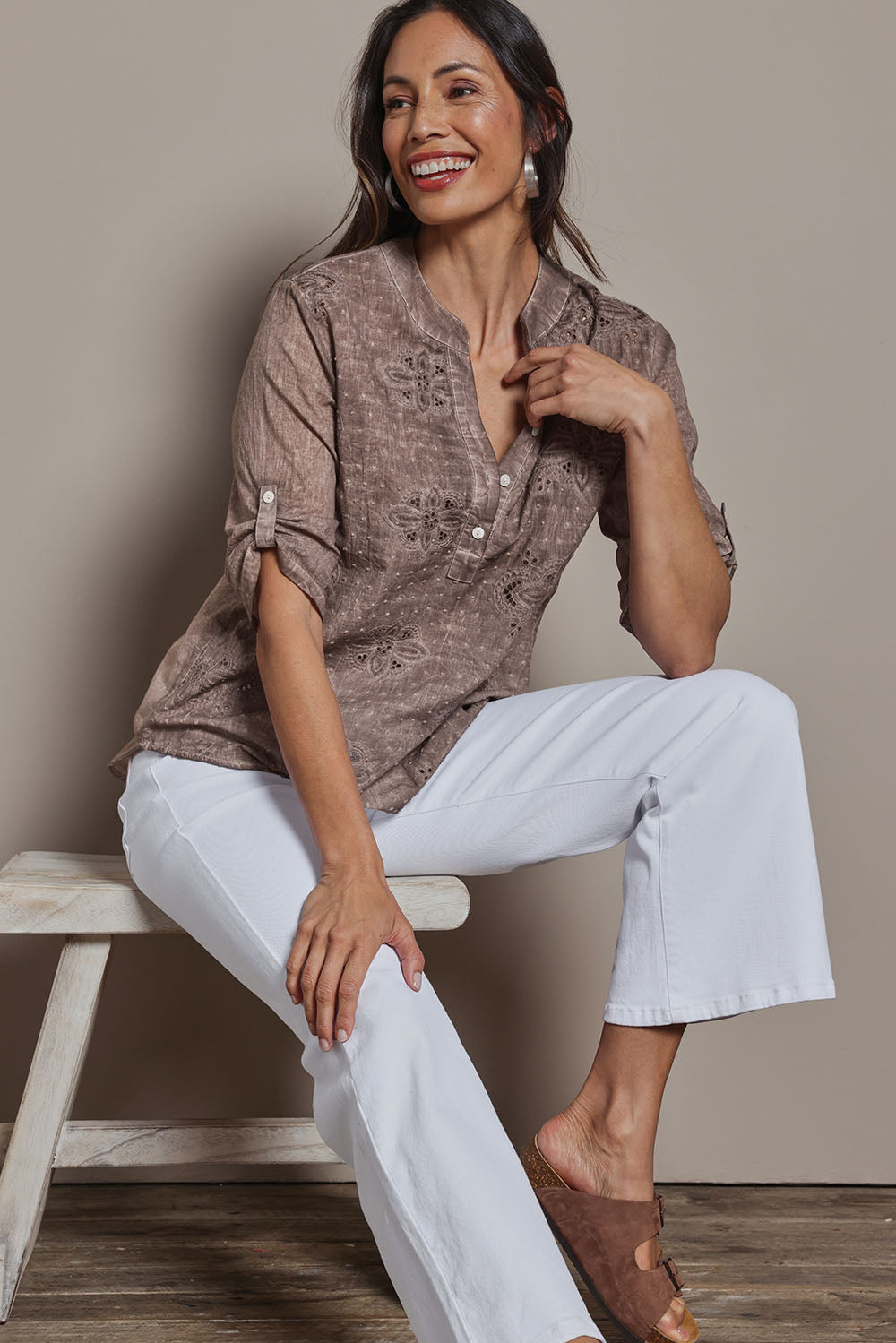 Model Amanda wearing size 10 of the Cool Ease Embroidered Cotton Shirt in colour Latte, from the front, cropped image