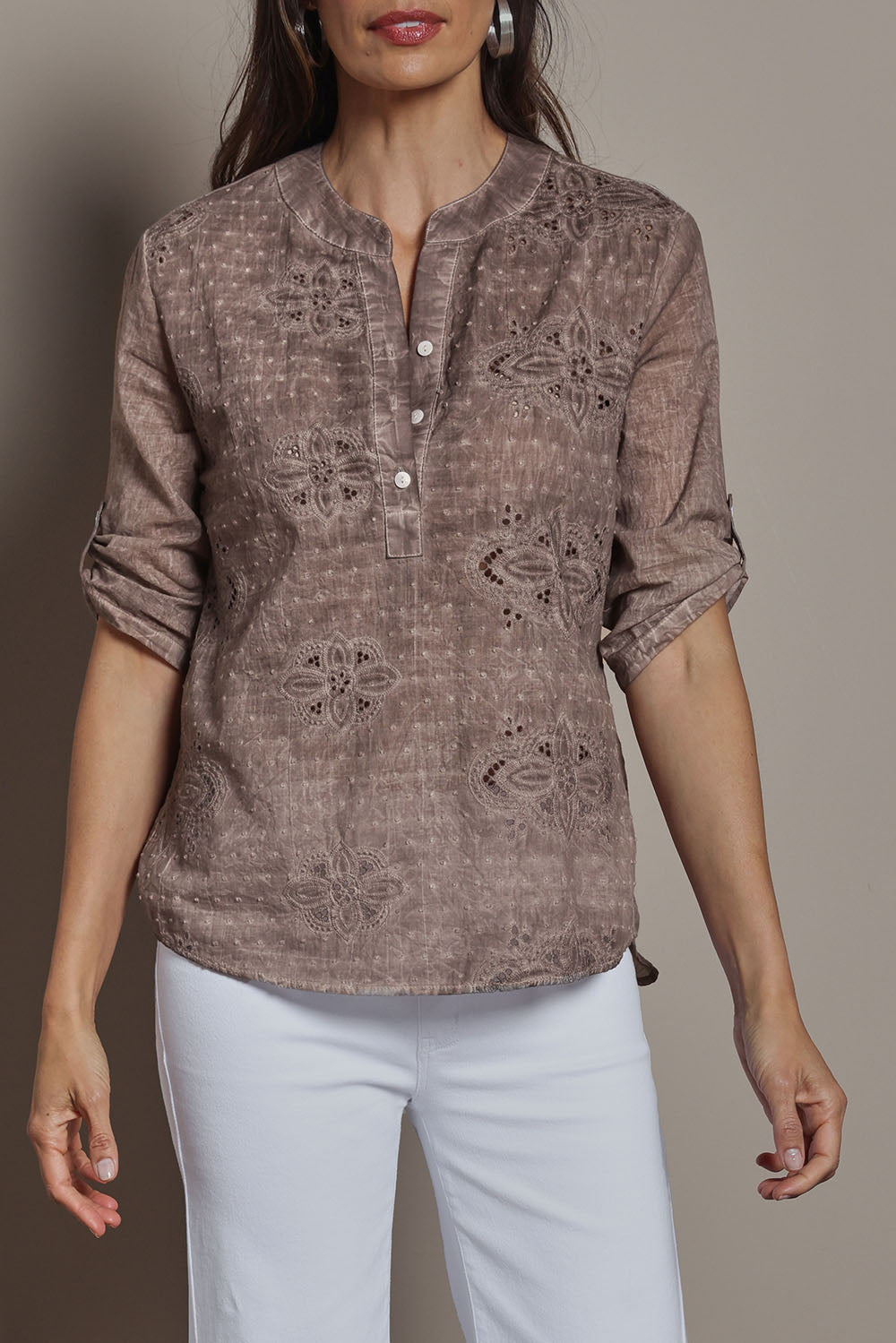 Model Amanda wearing size 10 of the Cool Ease Embroidered Cotton Shirt in colour Latte, from the front, cropped image
