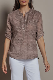 Model Amanda wearing size 10 of the Cool Ease Embroidered Cotton Shirt in colour Latte, from the front, cropped image