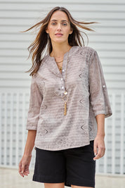 Model Tegand wearing size 10 of the Cool Ease Embroidered Cotton Shirt – Latte in colour Latte, in a cropped view