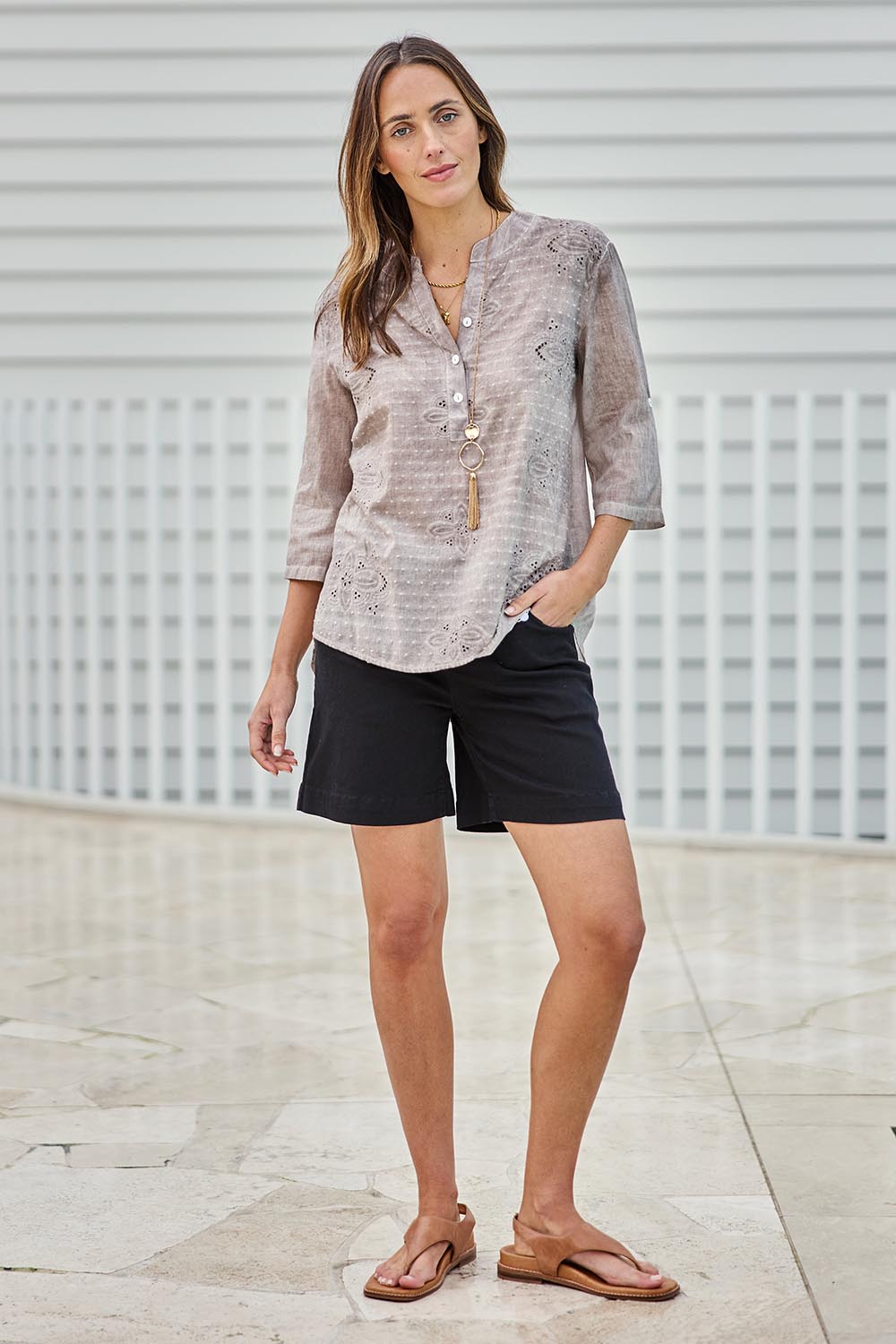 Model Tegand wearing size 10 of the Cool Ease Embroidered Cotton Shirt – Latte in colour Latte, from the front