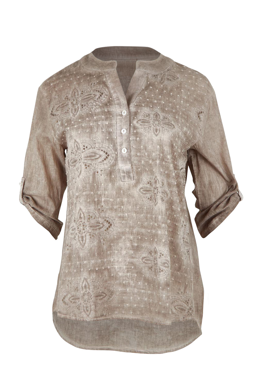Product shot of the Cool Ease Embroidered Cotton Shirt in colour Latte, detail