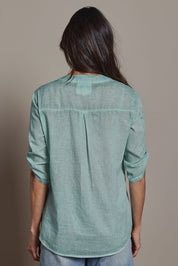 Model Amanda wearing size 10 of the Cool Ease Embroidered Cotton Shirt in colour Mint (Green), from the back