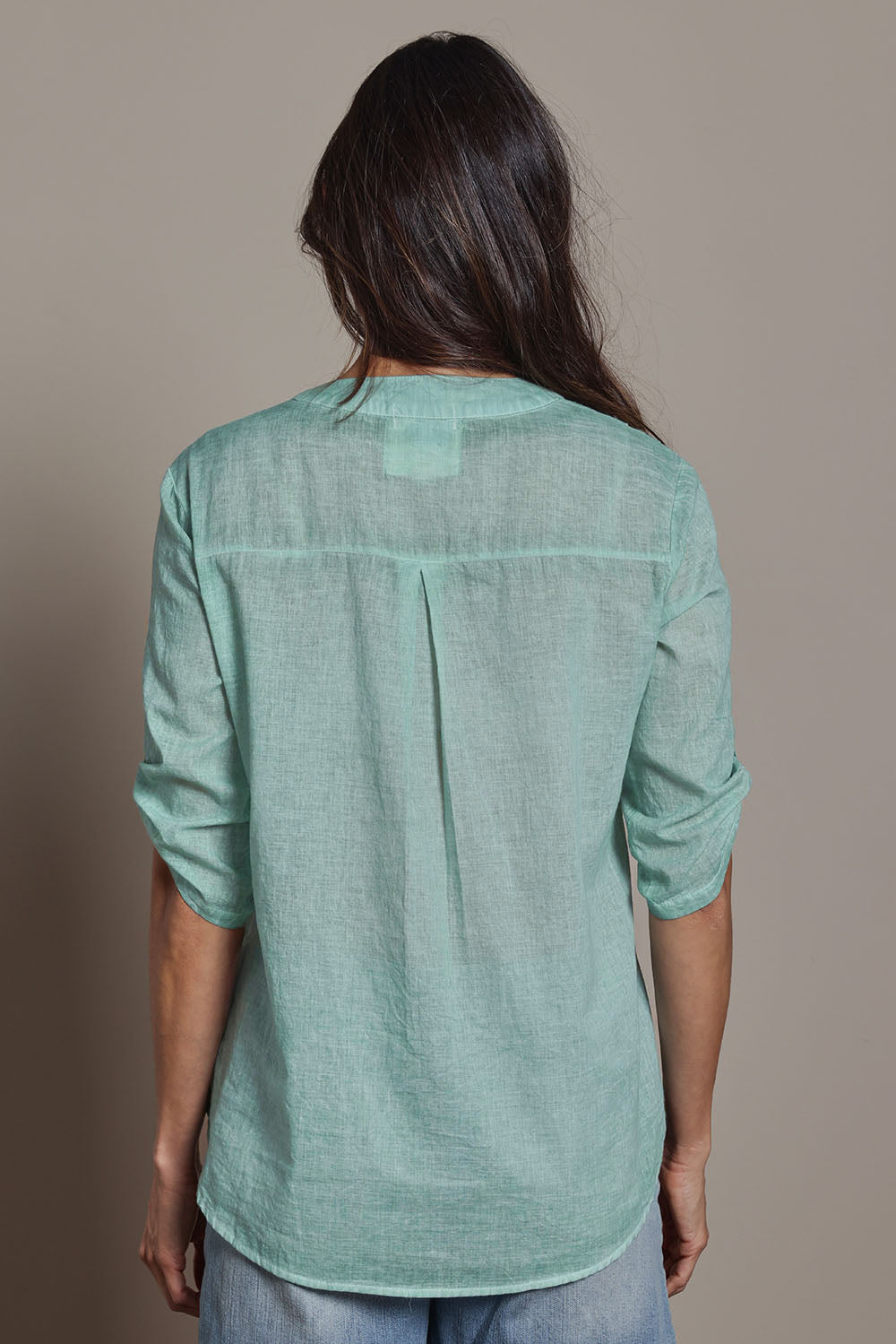 Model Amandam wearing size 10 of the Cool Ease Embroidered Cotton Shirt – Mint in colour Mint, from the back