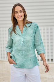 Model Tegand wearing size 10 of the Cool Ease Embroidered Cotton Shirt – Mint in colour Mint, in a cropped view