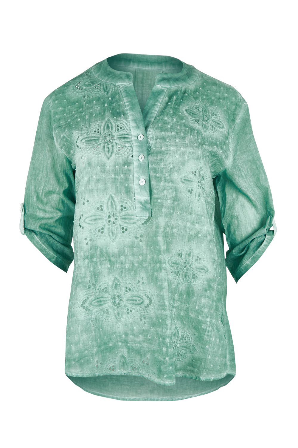 Product shot of the Cool Ease Embroidered Cotton Shirt in colour Mint (Green), detail