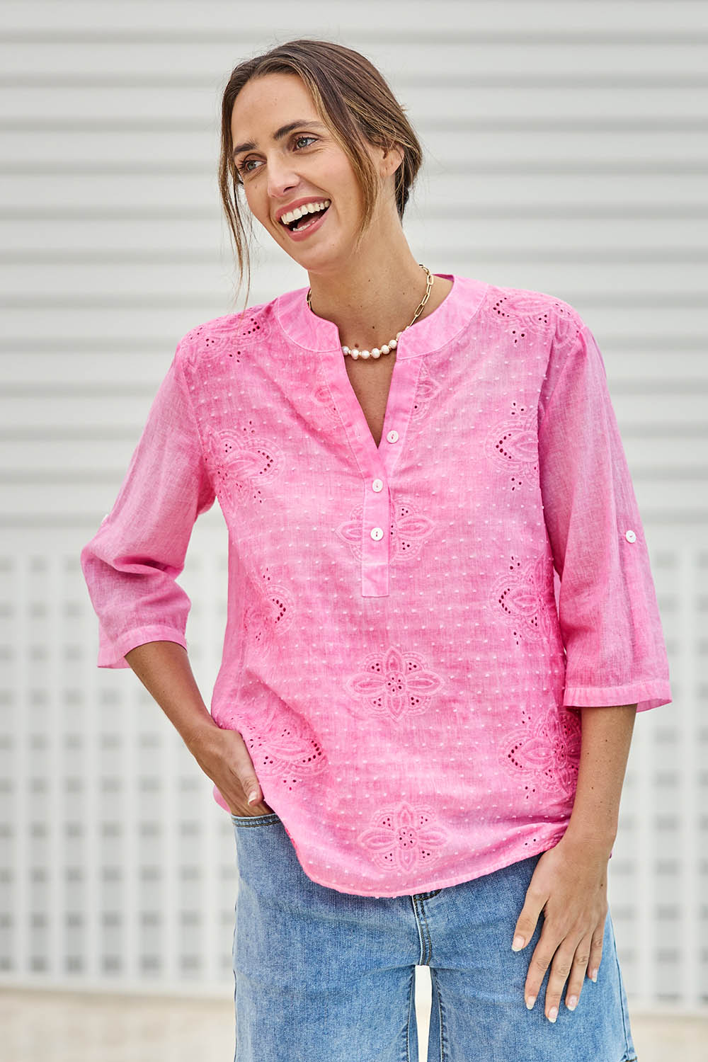 Model Tegand wearing size 10 of the Cool Ease Embroidered Cotton Shirt – Pink in colour Pink, in a cropped view