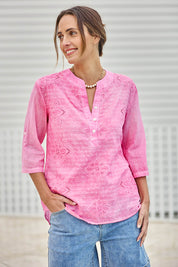 Model Tegand wearing size 10 of the Cool Ease Embroidered Cotton Shirt – Pink in colour Pink, in a cropped view