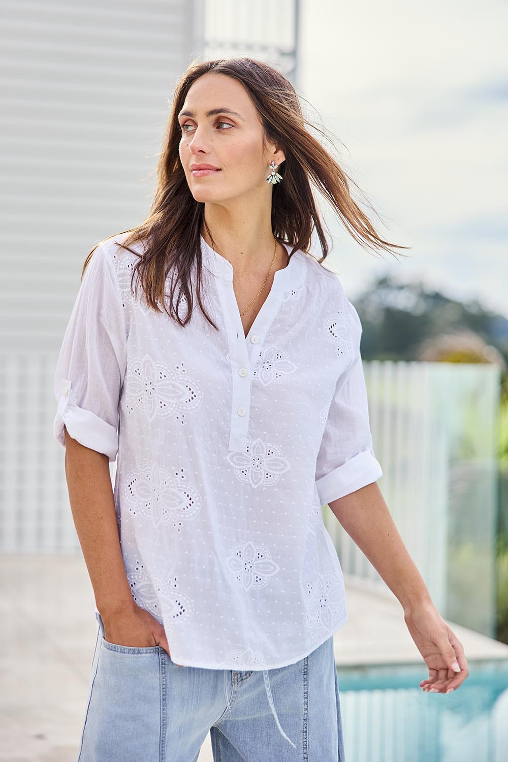 Model Tegand wearing size 10 of the Cool Ease Embroidered Cotton Shirt – White in colour White, in a cropped view