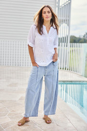 Model Tegand wearing size 10 of the Cool Ease Embroidered Cotton Shirt – White in colour White, from the front