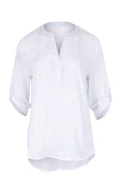Product shot of the Cool Ease Embroidered Cotton Shirt – White in colour White, showing detail