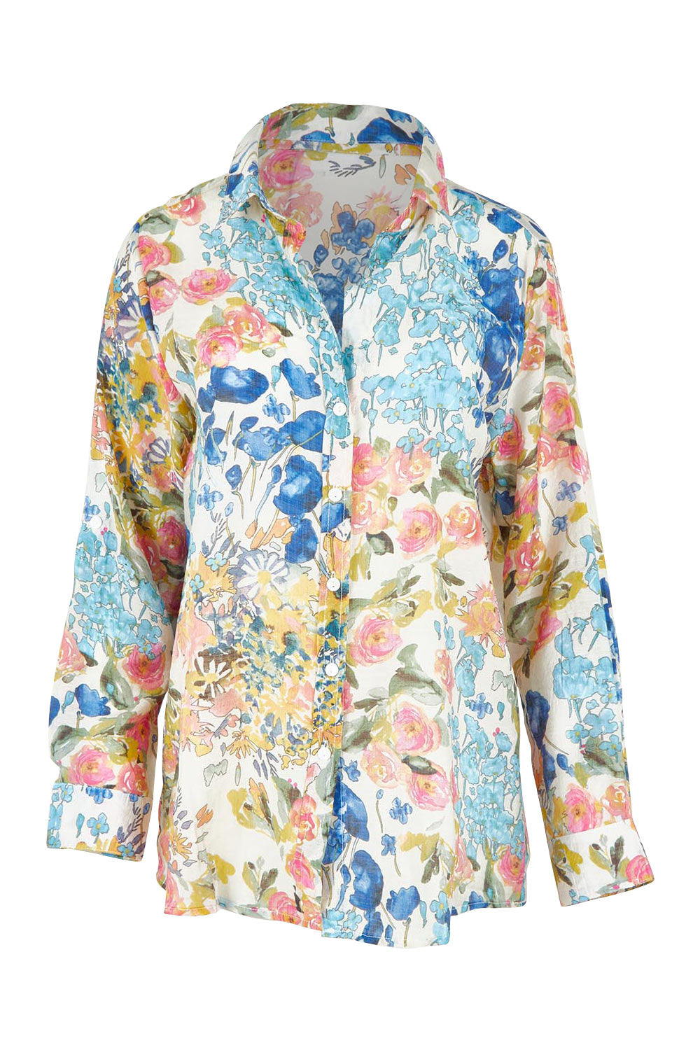 Product shot of the Garden Glory Tab Sleeve Shirt in colour Bluefleur, from the front