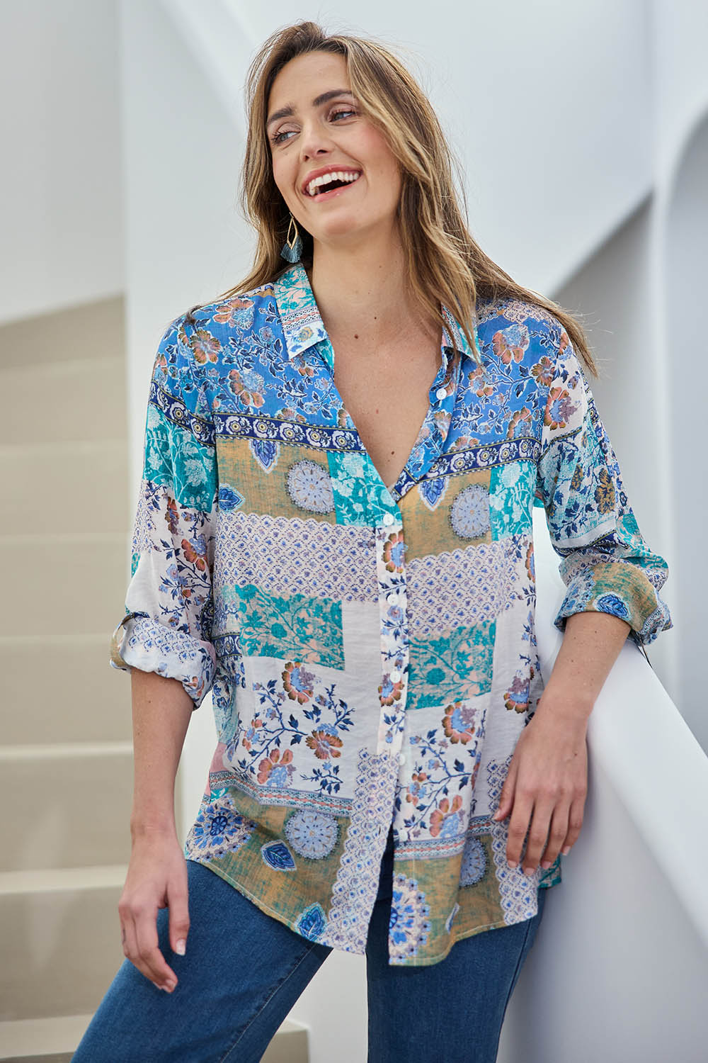 Model Tegand wearing size 10 of the Garden Glory Tab Sleeve Shirt – Bluepatch in colour Bluepatch, in a cropped view