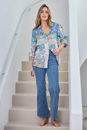 Model Tegand wearing size 10 of the Garden Glory Tab Sleeve Shirt – Bluepatch in colour Bluepatch, from the front