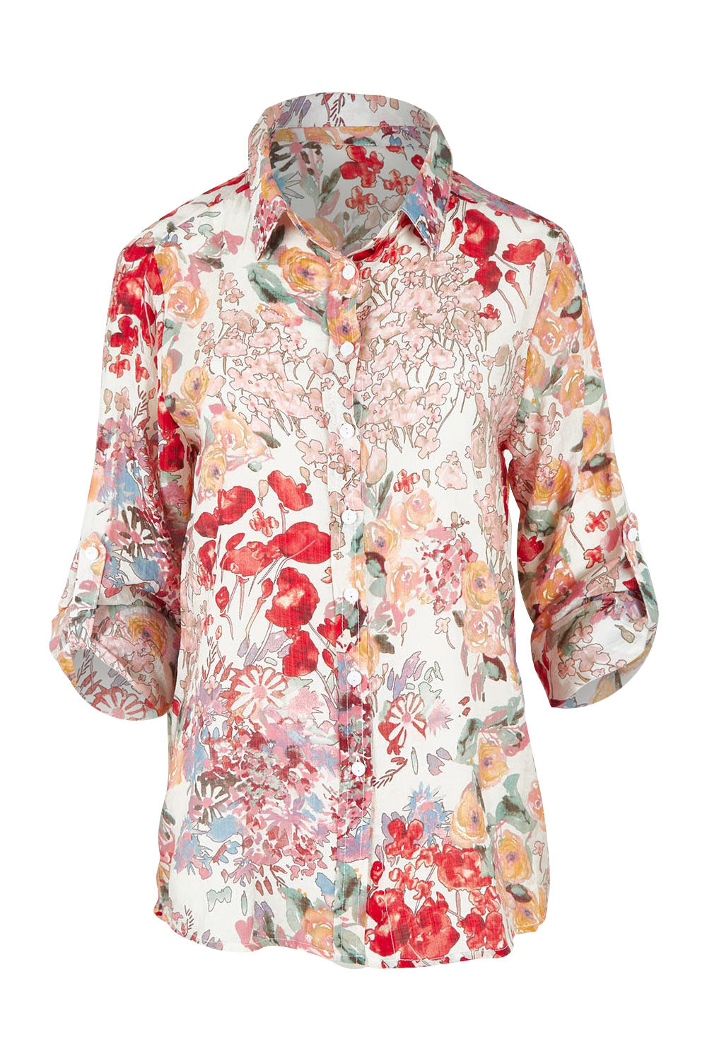 Product shot of the Garden Glory Tab Sleeve Shirt in colour Pinkfleur, detail