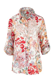 Product shot of the Garden Glory Tab Sleeve Shirt in colour Pinkfleur, detail