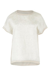 Product shot of the Go To Contrast Back Linen Top in colour Natural, from the front