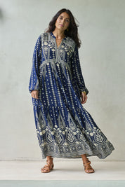 Model Tahnee wearing size 10 of the Dreaming Of You Maxi Dress in colour Navy (Blue), from the front, showing the whole outfit