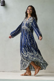 Model Tahnee wearing size 10 of the Dreaming Of You Maxi Dress in colour Navy (Blue), from the front, showing the whole outfit